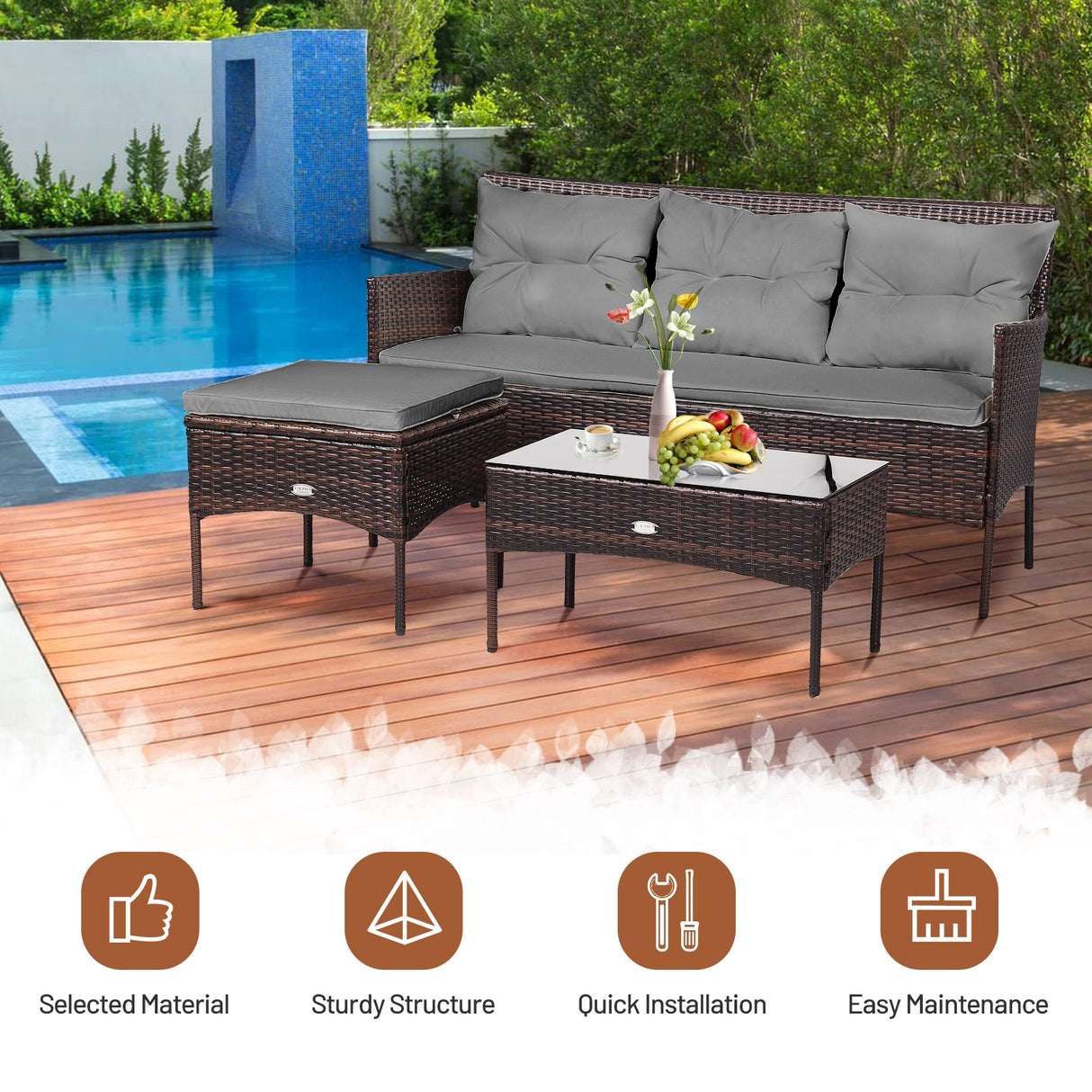 3 Pieces Patio Furniture Sectional Set with 5 Cozy Seat and Back Cushions-White