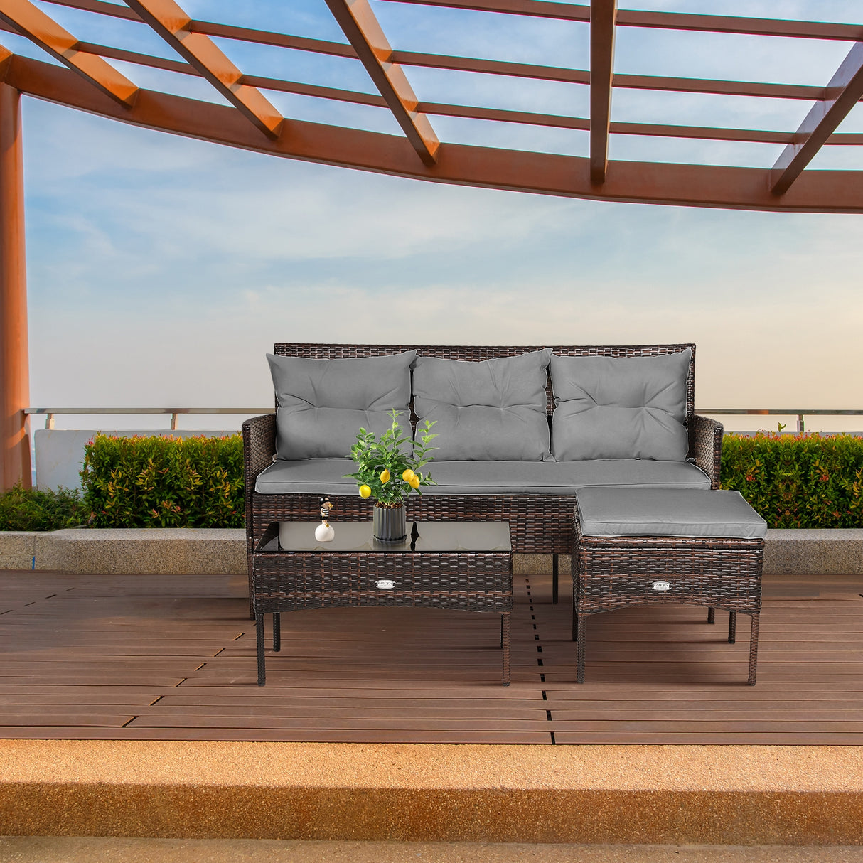 3 Pieces Patio Furniture Sectional Set with 5 Cozy Seat and Back Cushions-White