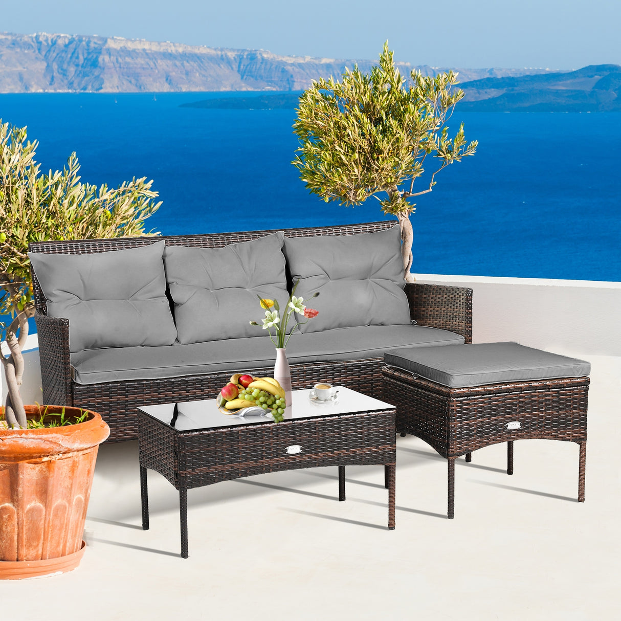 3 Pieces Patio Furniture Sectional Set with 5 Cozy Seat and Back Cushions-White