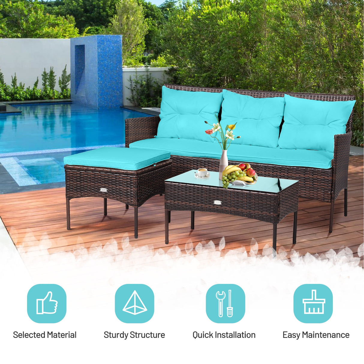 3 Pieces Patio Furniture Sectional Set with 5 Cozy Seat and Back Cushions-White