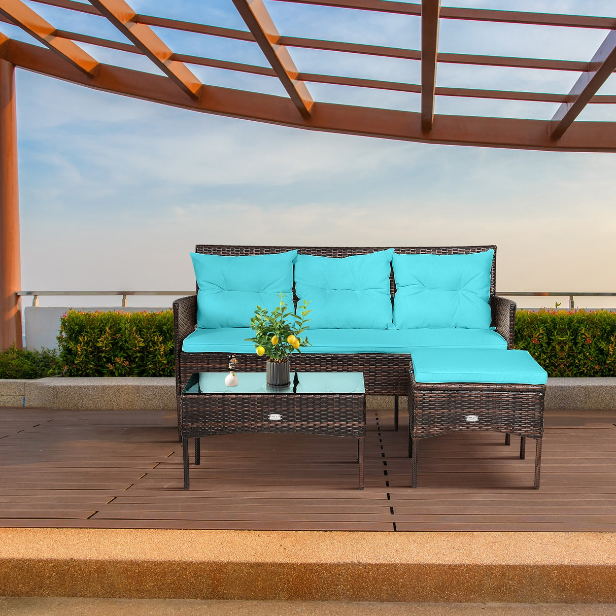 3 Pieces Patio Furniture Sectional Set with 5 Cozy Seat and Back Cushions-White