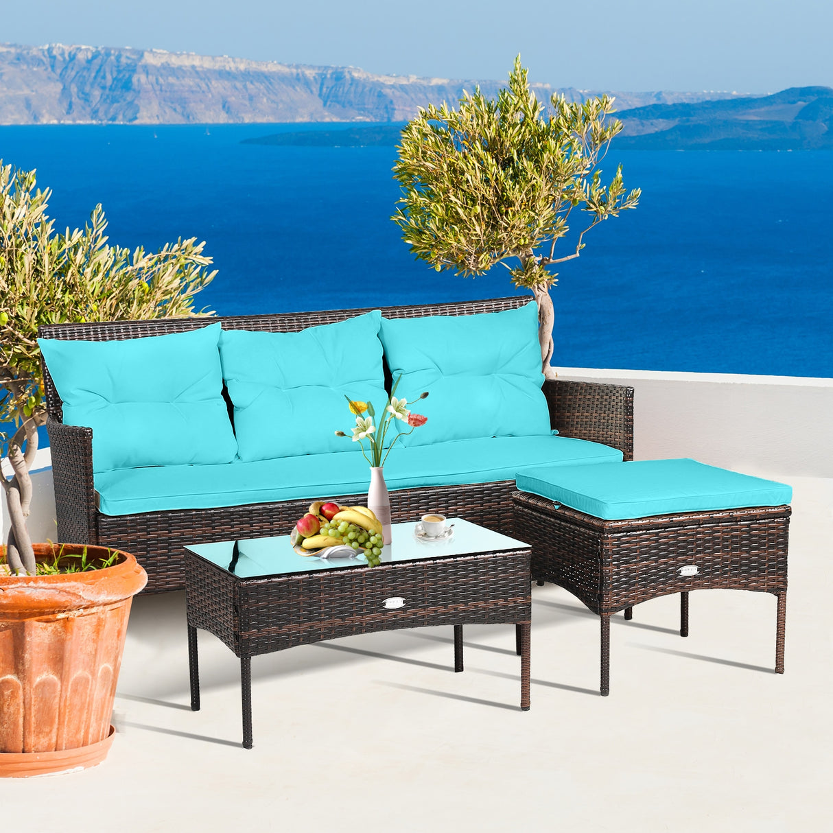 3 Pieces Patio Furniture Sectional Set with 5 Cozy Seat and Back Cushions-White