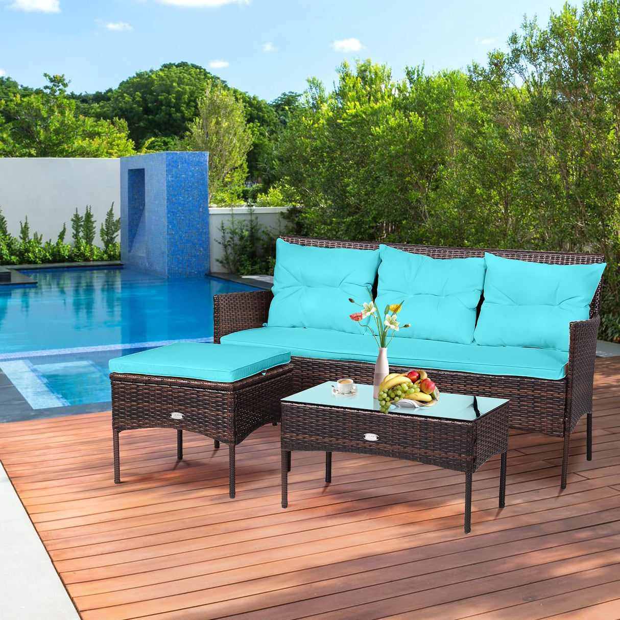 3 Pieces Patio Furniture Sectional Set with 5 Cozy Seat and Back Cushions-White