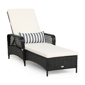 PE Rattan Armrest Chaise Lounge Chair with Adjustable Pillow-Off White