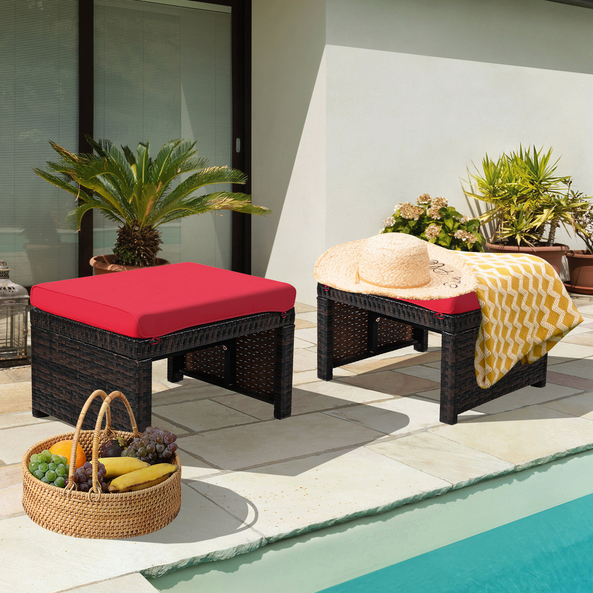 2 Pieces Patio Rattan Ottomans with Soft Cushion for Patio and Garden-White