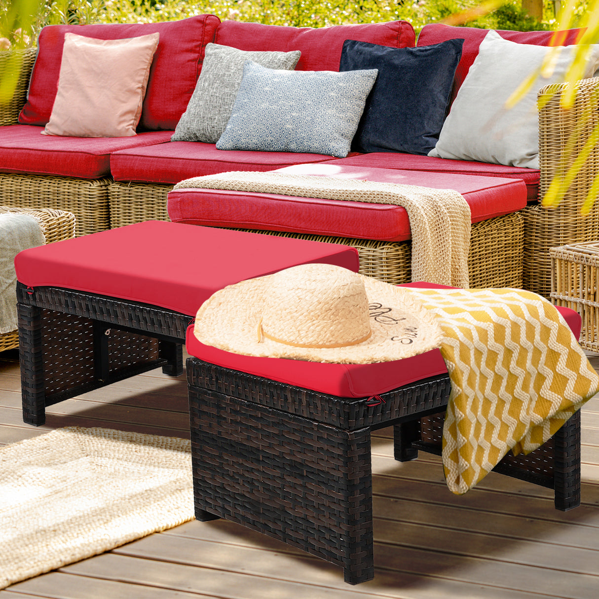 2 Pieces Patio Rattan Ottomans with Soft Cushion for Patio and Garden-White