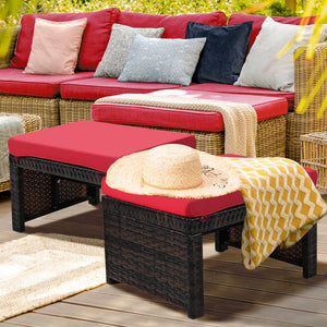 2 Pieces Patio Rattan Ottomans with Soft Cushion for Patio and Garden-White