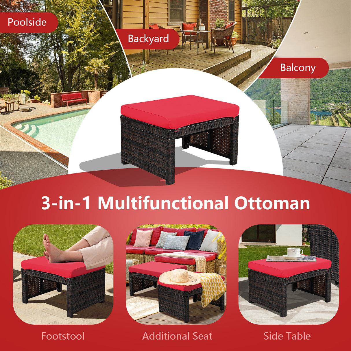 2 Pieces Patio Rattan Ottomans with Soft Cushion for Patio and Garden-White