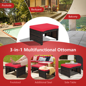 2 Pieces Patio Rattan Ottomans with Soft Cushion for Patio and Garden-White