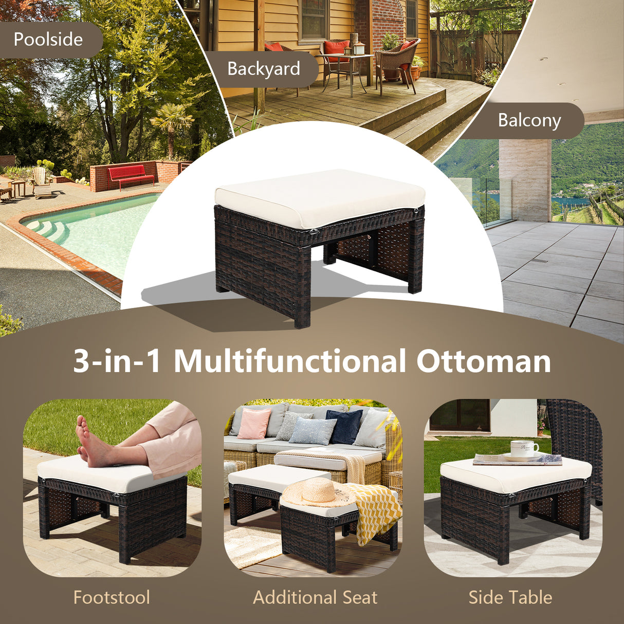 2 Pieces Patio Rattan Ottomans with Soft Cushion for Patio and Garden-White