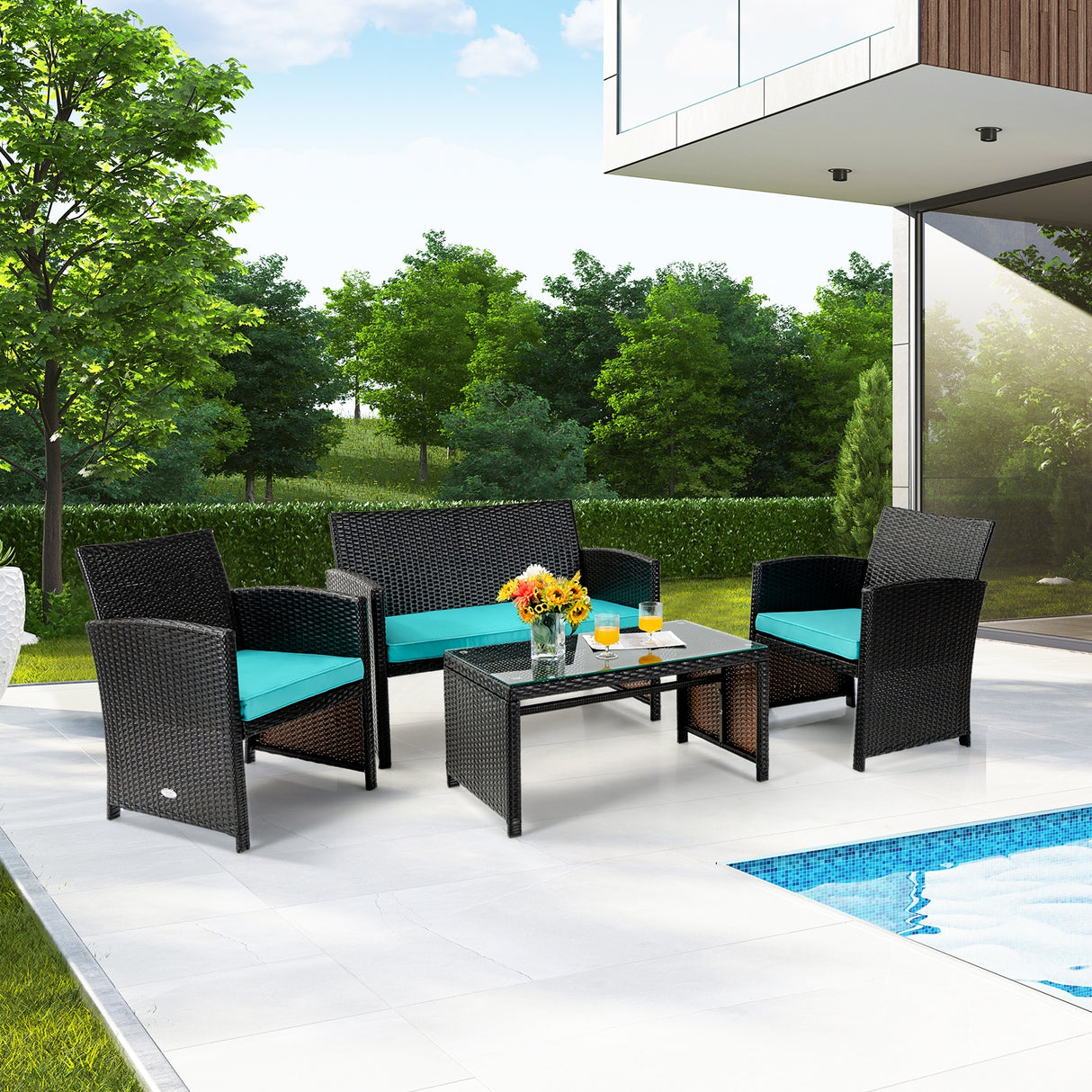4 Pieces Patio Rattan Cushioned Furniture Set-Red