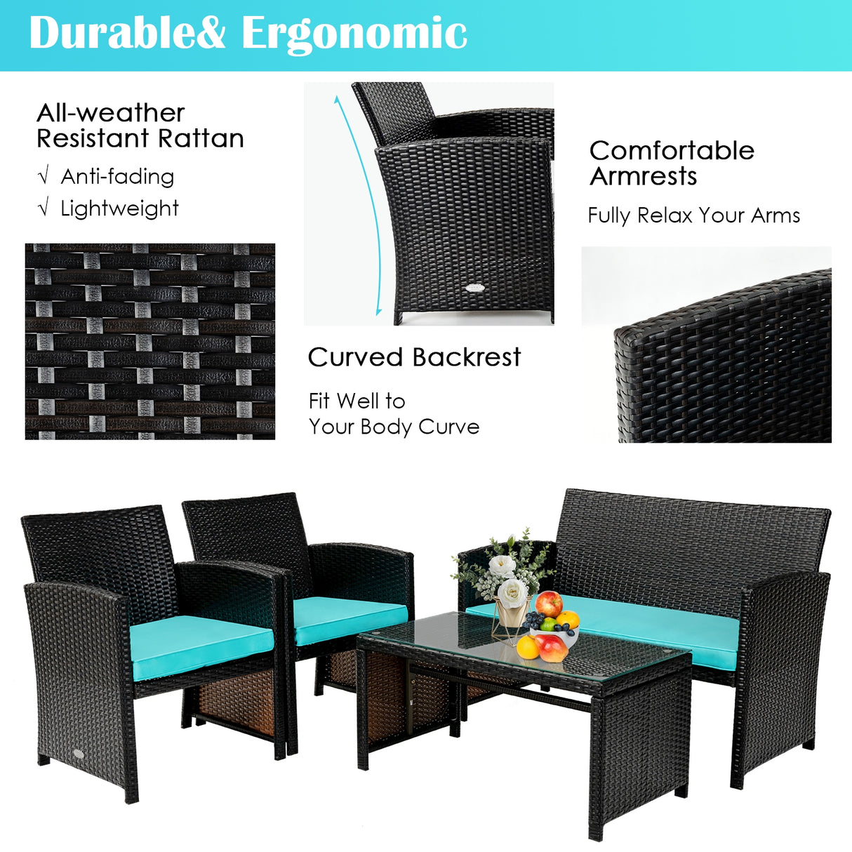 4 Pieces Patio Rattan Cushioned Furniture Set-Red