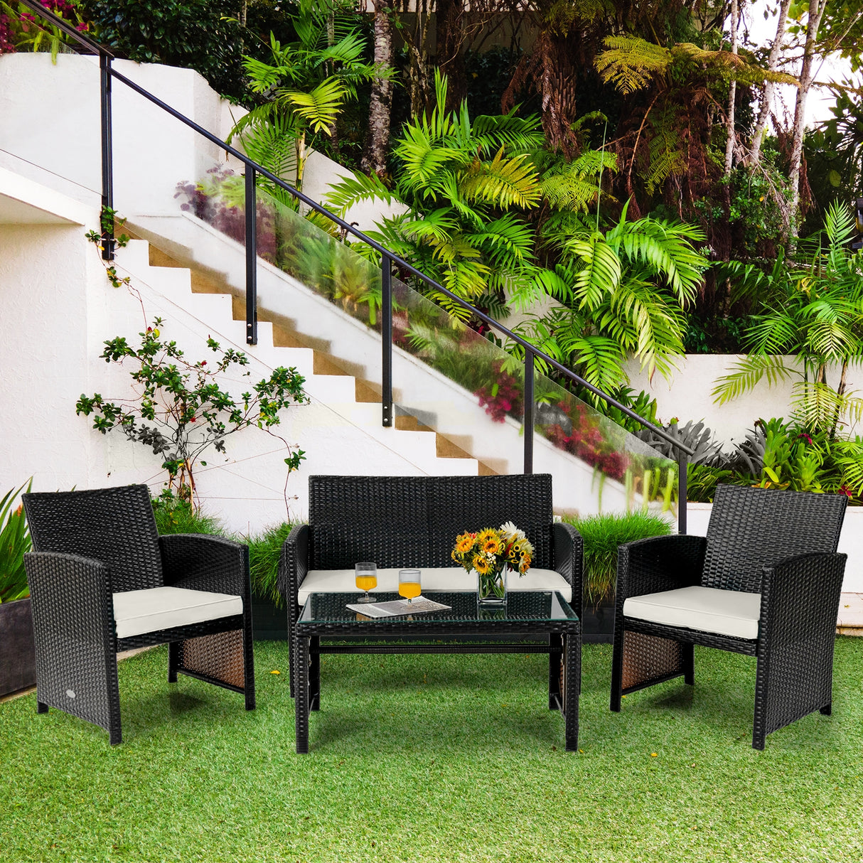 4 Pieces Patio Rattan Cushioned Furniture Set-Red