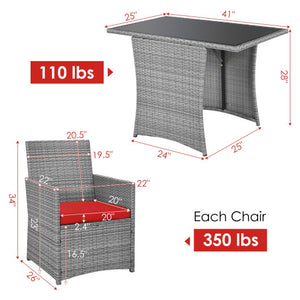 3 Pieces Patio Rattan Furniture Set with Cushioned Armrest Sofa-Red