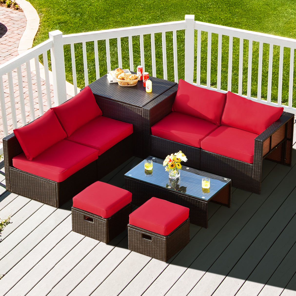 8 Pieces Patio Space-Saving Rattan Furniture Set with Storage Box and Waterproof Cover-Black