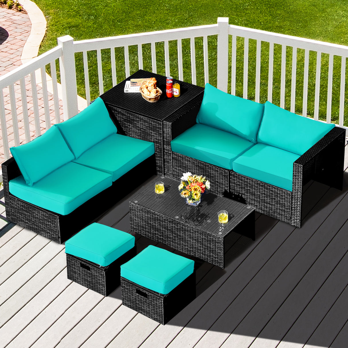 8 Pieces Patio Rattan Storage Table Furniture Set-Off White