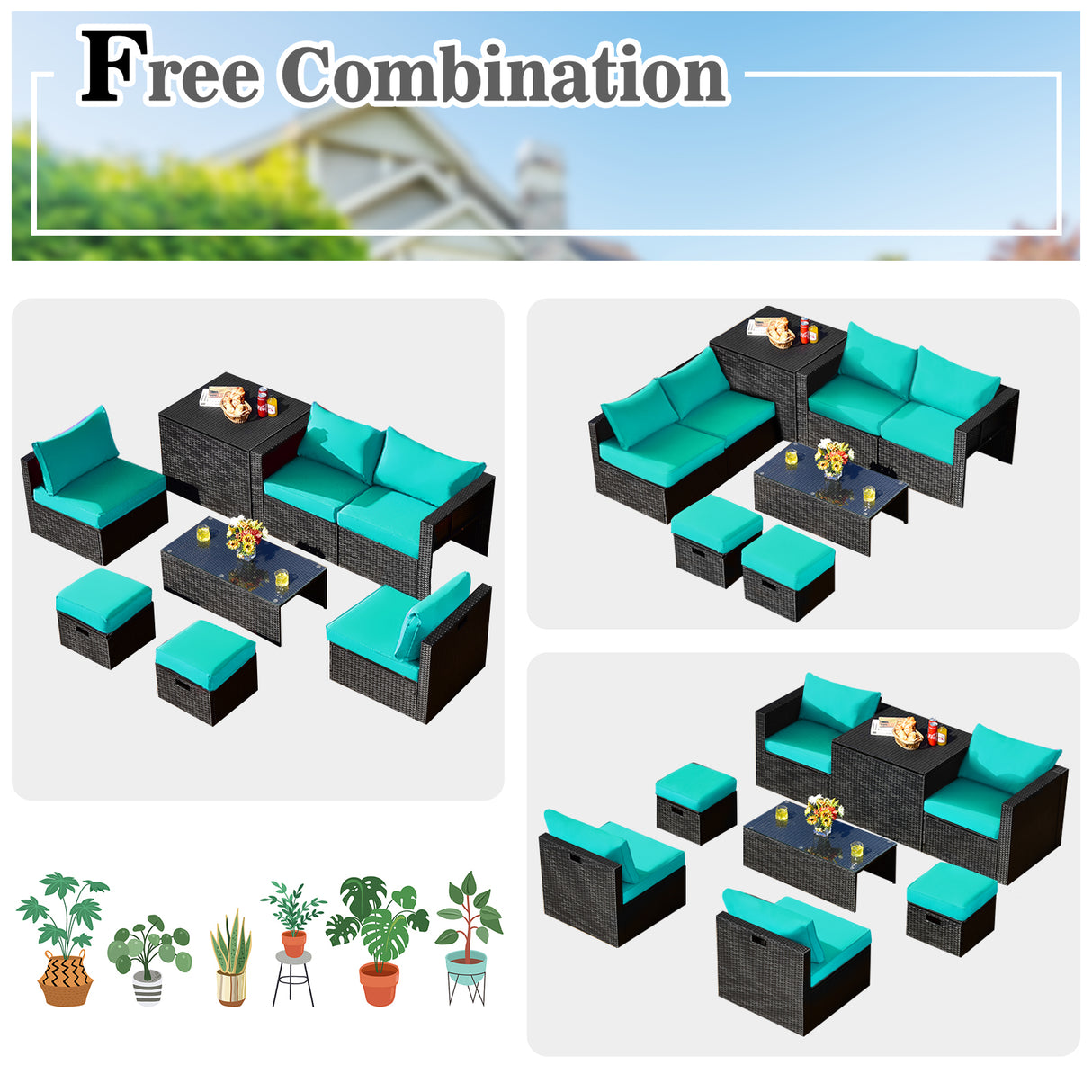 8 Pieces Patio Rattan Storage Table Furniture Set-Off White