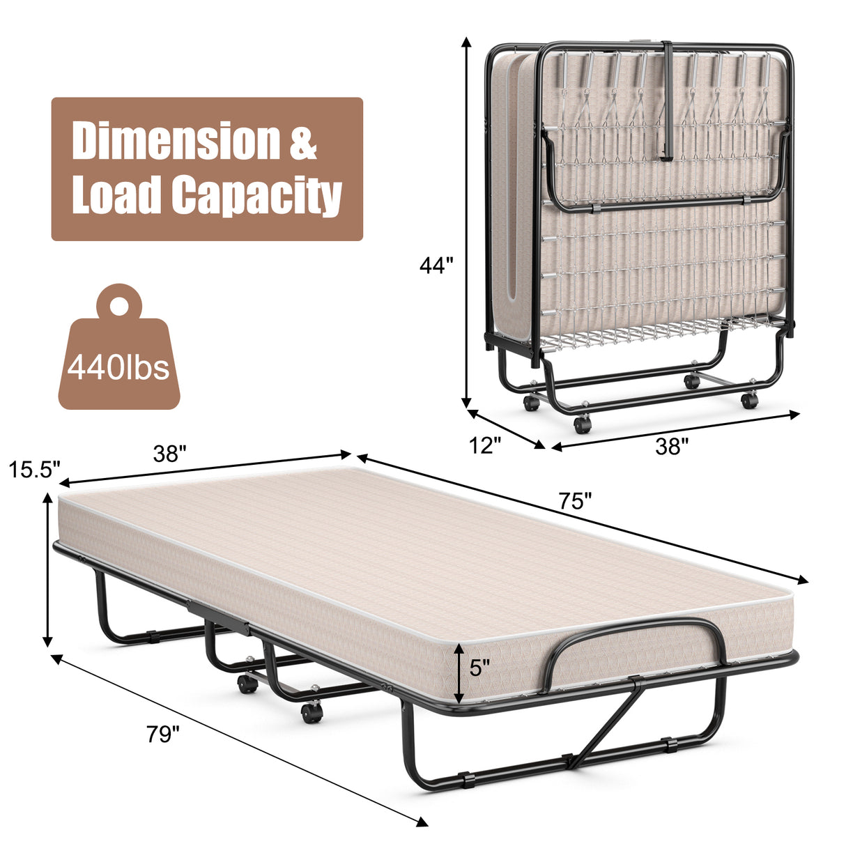 Rollaway Guest Bed with Sturdy Steel Frame and Memory Foam Mattress Made in Italy-Navy