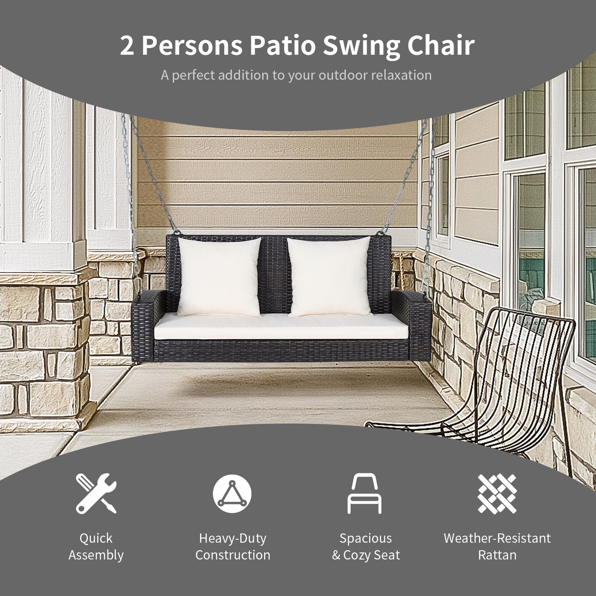 2-Person Patio Rattan Porch Swing with Cushions-Turquoise