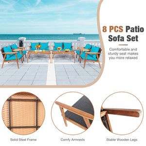 4 Pieces Acacia Wood Patio Rattan Furniture Set with Zippered Cushions-Brown