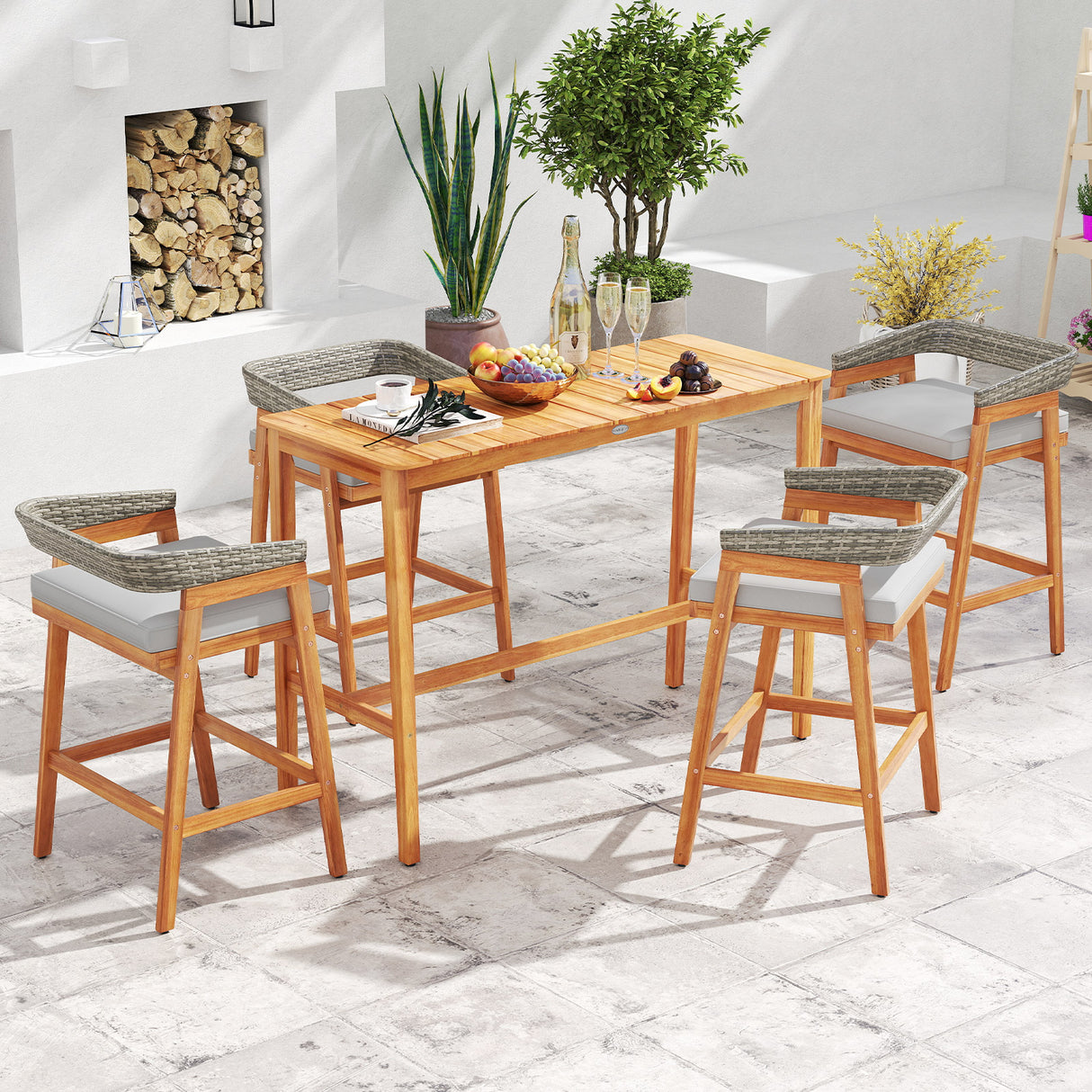 5 Pieces Patio Counter Height Bar Set with 4 Cushioned Barstools