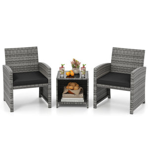 3 Pieces Patio Furniture Set with Tempered Glass Coffee Table and Soft Seat Cushions-Black