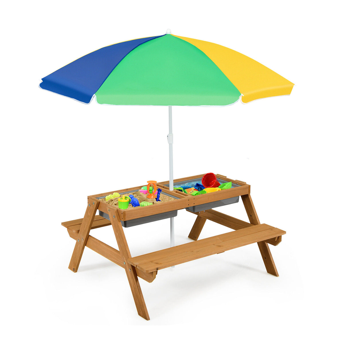 3-in-1 Kids Outdoor Picnic Water Sand Table with Umbrella Play Boxes-Green