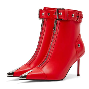 CAGLGLZ Womens Fashion Metal Pointe Toe Heel Boots Sexy Zip Ankle Stilettos Booties With Strap Buckle Party Dress High Heels For Women (red 12)