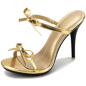 cthseie Womens Platform Heeled Sandals Strappy Stilettos Mules Open Toe Slip On Fashion Sexy Dress Cute Bowknot Backless High Heel Slides Heels Slippers Gold Patent Leather PU