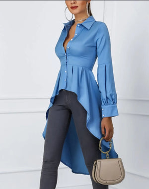 Solid Color Lantern Sleeve Tail Dress & Button Shirt Dress