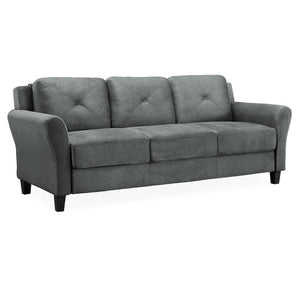 The iLounge Harvard Microfiber Sofa, featuring a gray finish and plush cushions for seating three, showcases rounded armrests and stands on short, dark wooden legs. Its upholstery includes subtle button tufting on the backs of the cushions and is set against a plain white background.