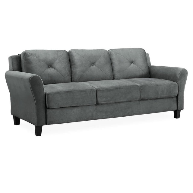 The iLounge Harvard Microfiber Sofa, featuring a gray finish and plush cushions for seating three, showcases rounded armrests and stands on short, dark wooden legs. Its upholstery includes subtle button tufting on the backs of the cushions and is set against a plain white background.