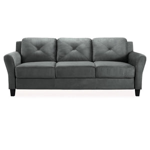 The iLounge Harvard Microfiber Sofa, a three-seater in gray with cushioned backrests and armrests and dark wooden legs, is set against a plain white background.