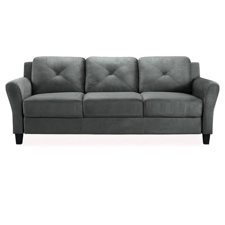 The iLounge Harvard Microfiber Sofa, a three-seater in gray with cushioned backrests and armrests and dark wooden legs, is set against a plain white background.