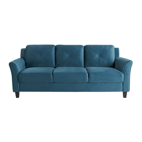 Introducing the iLounge Harvard Microfiber Sofa: a teal, three-seater fabric sofa with three cushioned backrests and armrests. This sofa features a simple, modern design with tapered black legs.
