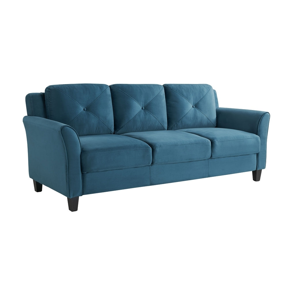Introducing the iLounge Harvard Microfiber Sofa: a teal masterpiece featuring three cushions, elegantly crafted with curved armrests. With its unique diamond-patterned back cushions and slightly angled dark wooden legs, this sofa brings both style and comfort to any living space.