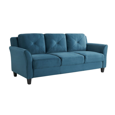 Introducing the iLounge Harvard Microfiber Sofa: a teal masterpiece featuring three cushions, elegantly crafted with curved armrests. With its unique diamond-patterned back cushions and slightly angled dark wooden legs, this sofa brings both style and comfort to any living space.