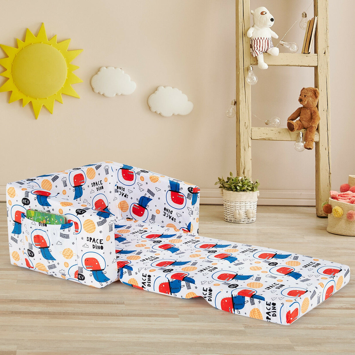 2-in-1 Convertible Kids Sofa with Velvet Fabric-Multicolor