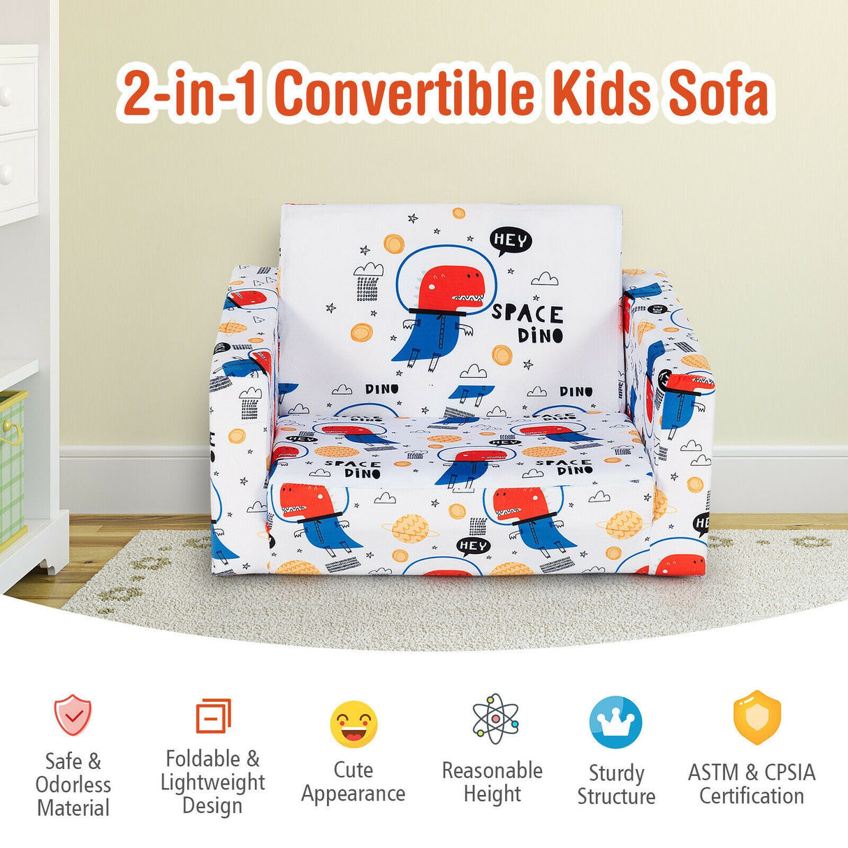 2-in-1 Convertible Kids Sofa with Velvet Fabric-Multicolor