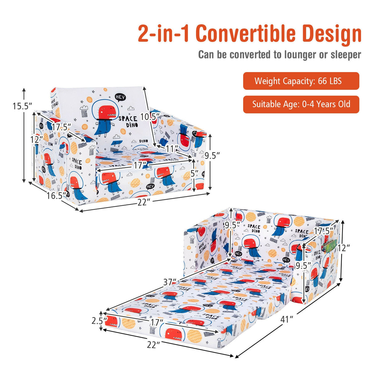 2-in-1 Convertible Kids Sofa with Velvet Fabric-Multicolor