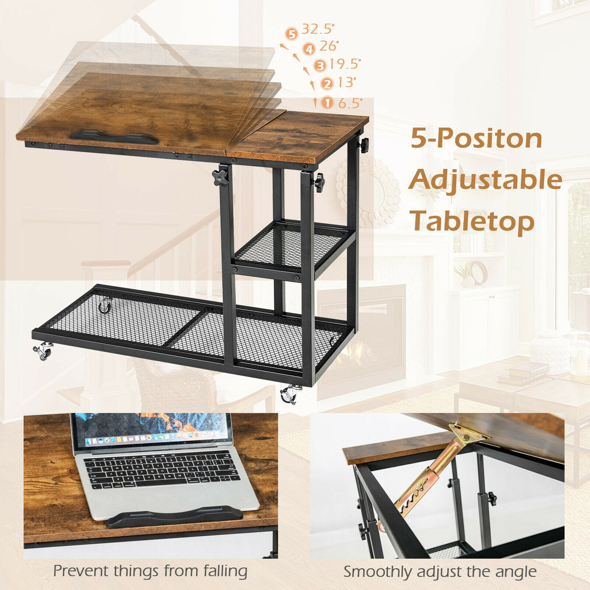Adjustable C-Shaped Bedside Table-Rustic Brown