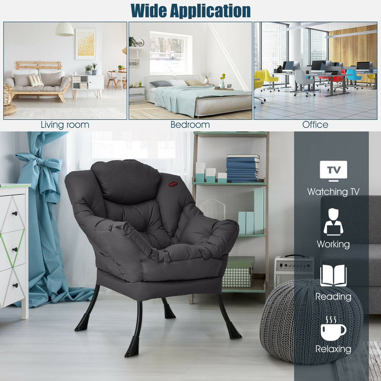 Modern Polyester Fabric Lazy Chair with Steel Frame and Side Pocket-Beige