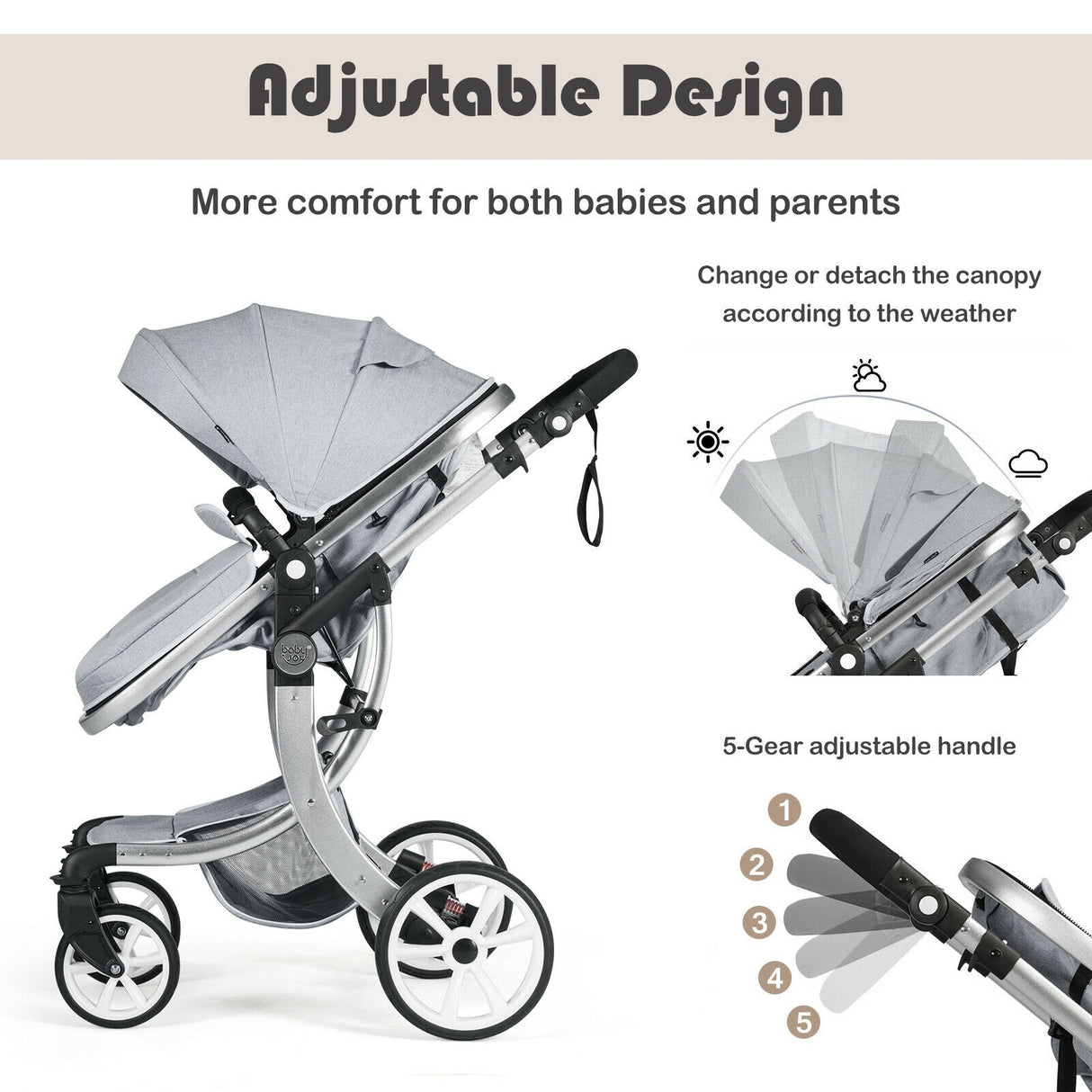 Folding Aluminum Infant Reversible Stroller with Diaper Bag-Beige
