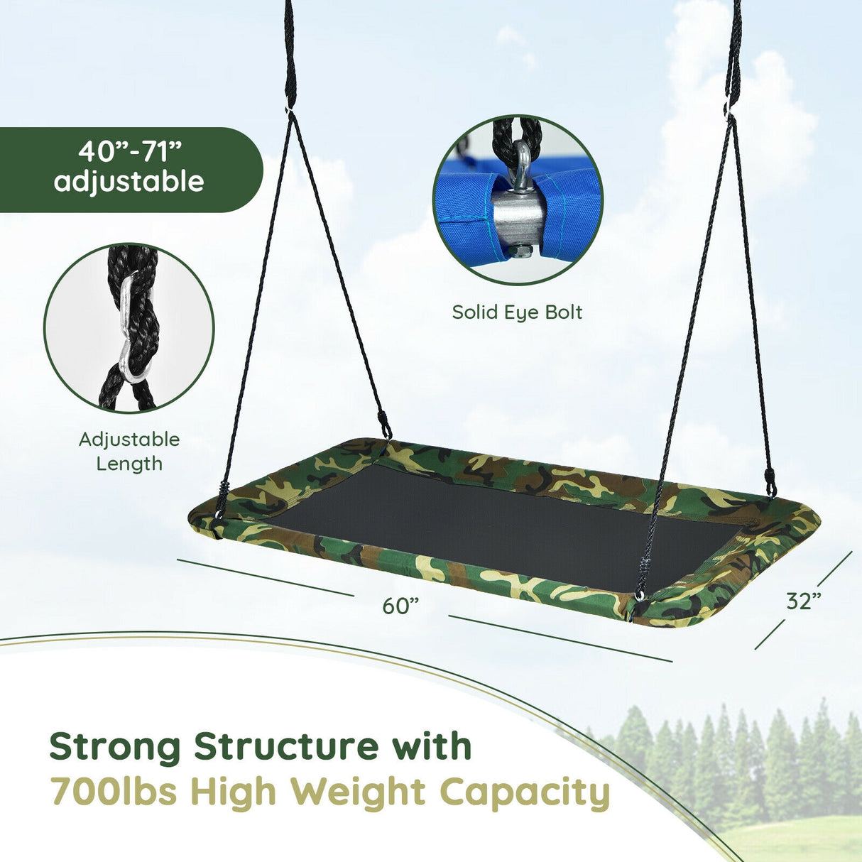 60 Inches Platform Tree Swing Outdoor with  2 Hanging Straps-Multicolor