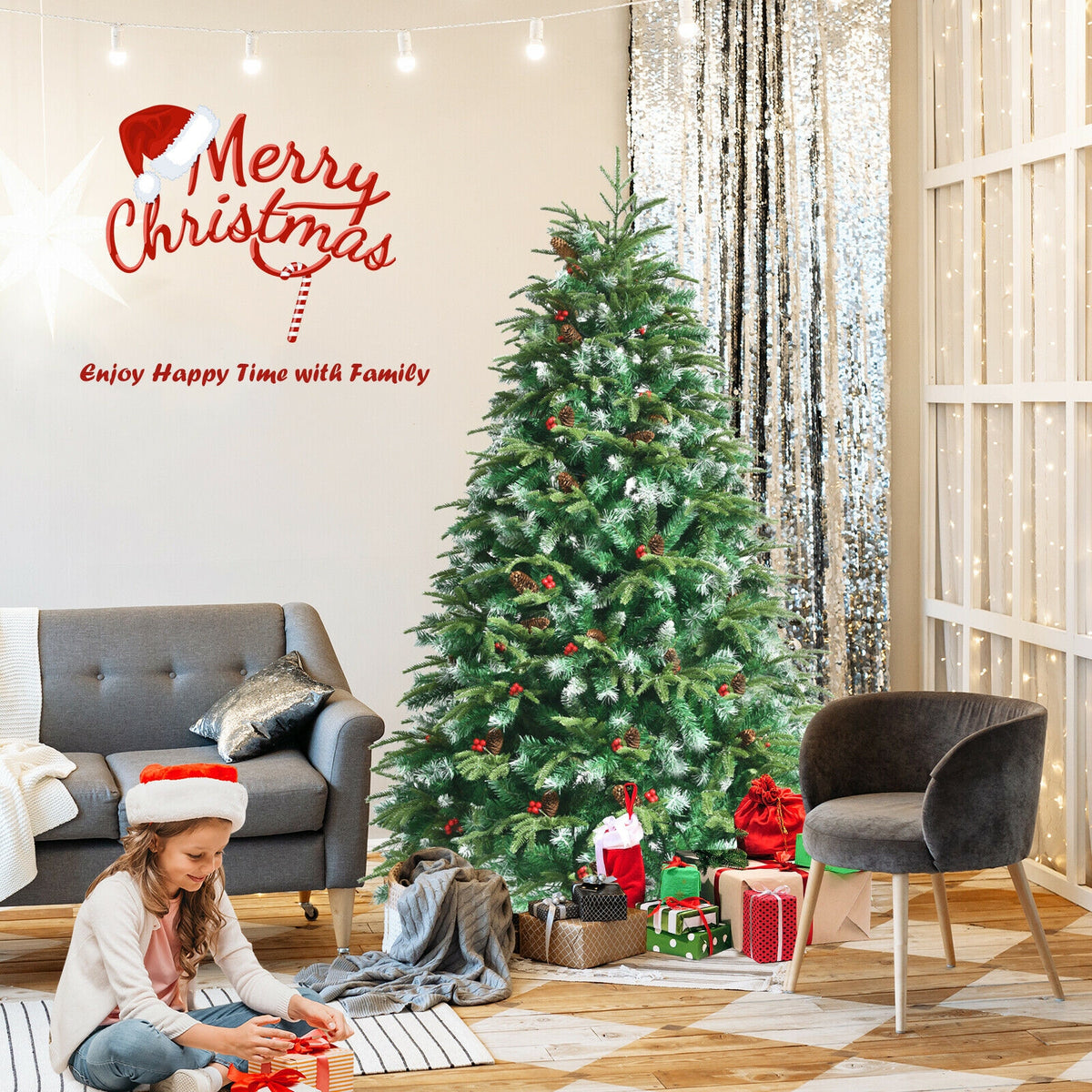 Pre-Lit Snowy Christmas Hinged Tree with Flash Modes and Multi-Color Lights-6 ft