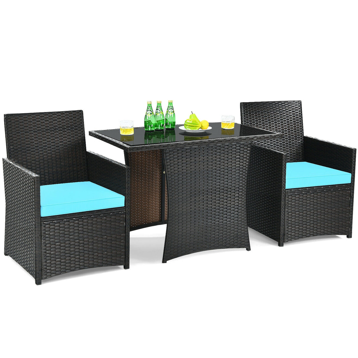 3 Pieces Patio Rattan Furniture Set with Cushion and Sofa Armrest-Red