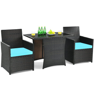 3 Pieces Patio Rattan Furniture Set with Cushion and Sofa Armrest-Red