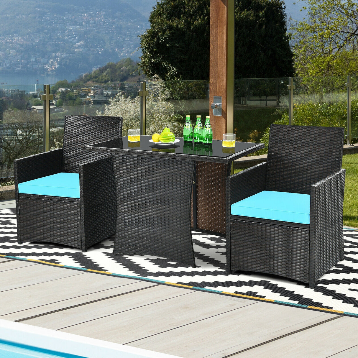 3 Pieces Patio Rattan Furniture Set with Cushion and Sofa Armrest-Red