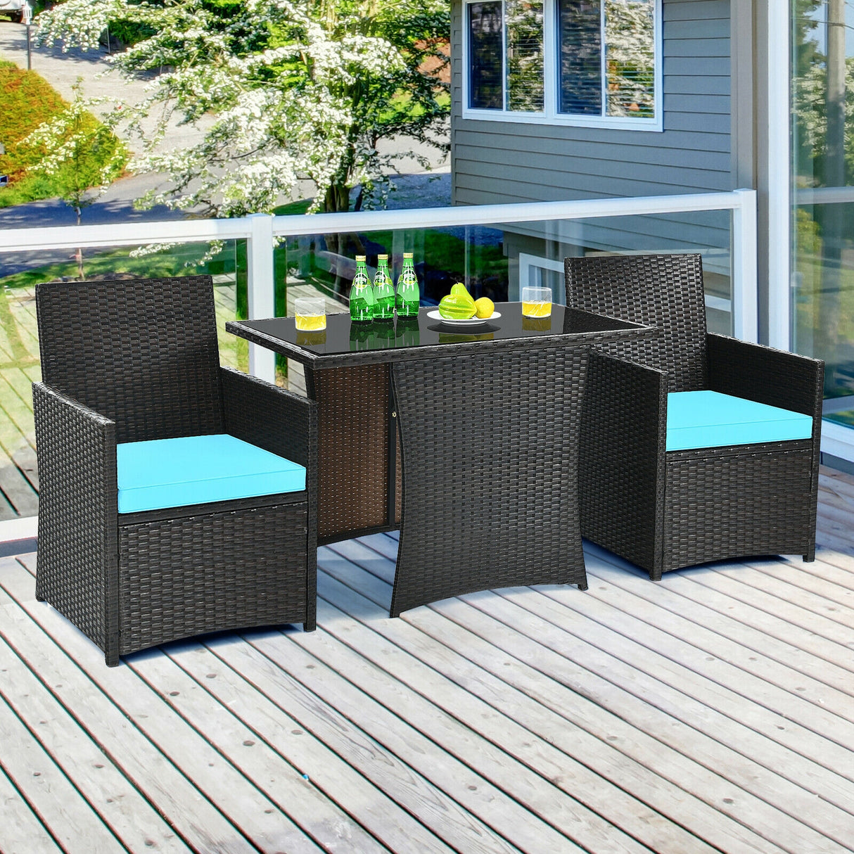 3 Pieces Patio Rattan Furniture Set with Cushion and Sofa Armrest-Red