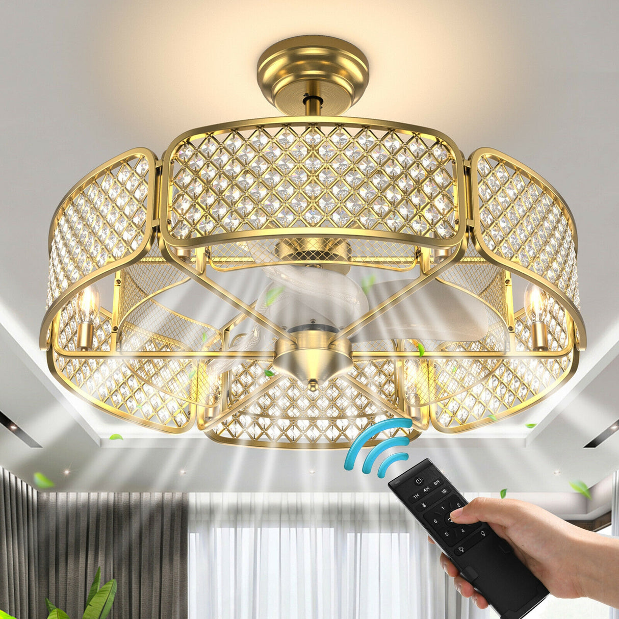30 Inch Caged Ceiling Fan With Light Crystal Lampshade 6 Light Bases-Brown
